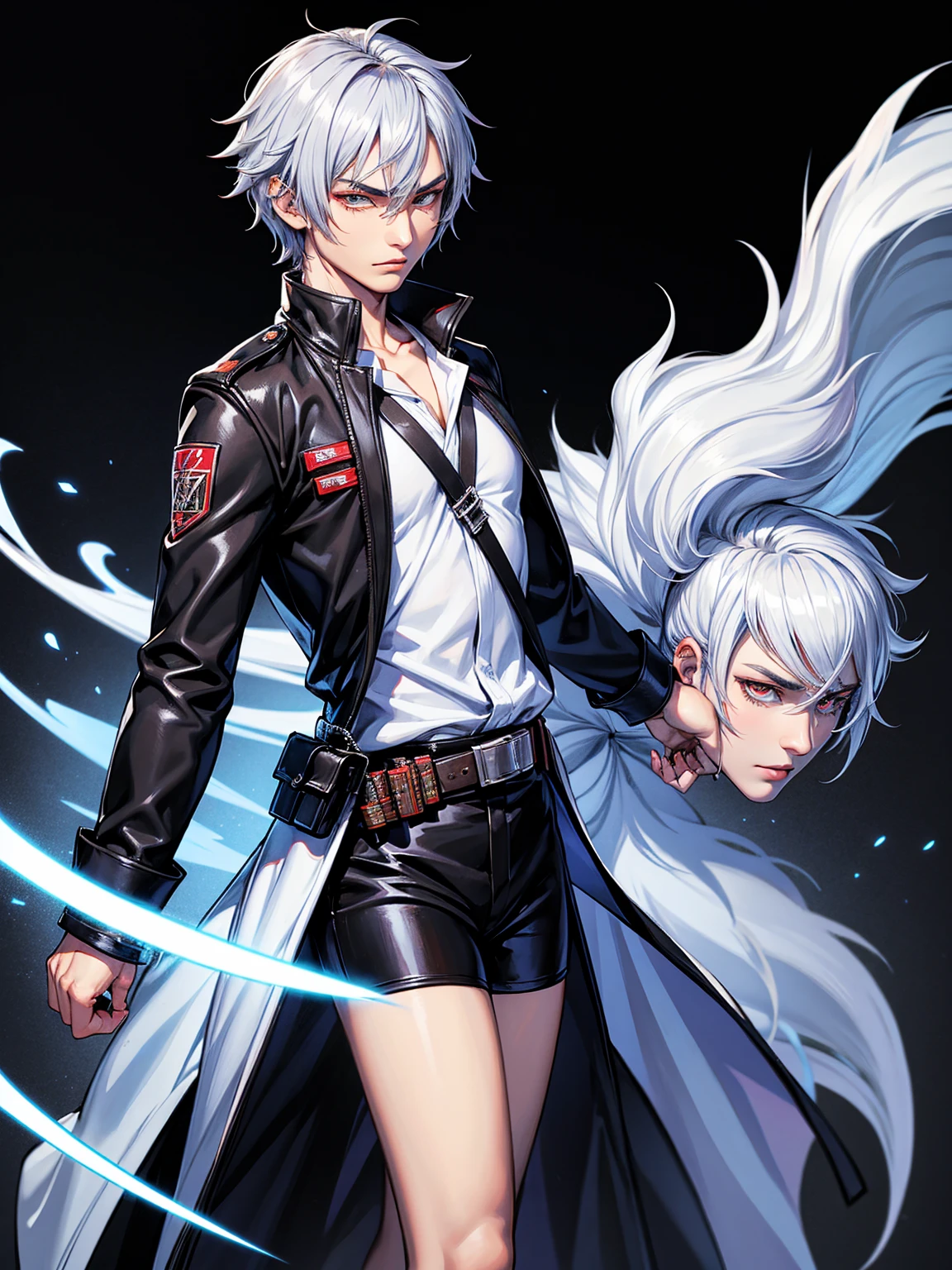 (Name: Han Takima), Handsome, Cool SFW Assasin Killer Outfit, Perfect Eyes, Silver Hair, Young 17 Year-old, Short Hair