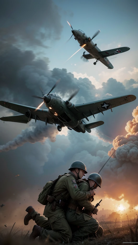 Create a real image of a WWII combat. That there is aerial combat between planes and in the background a real apocalyptic scenario. Correct the generated defects 