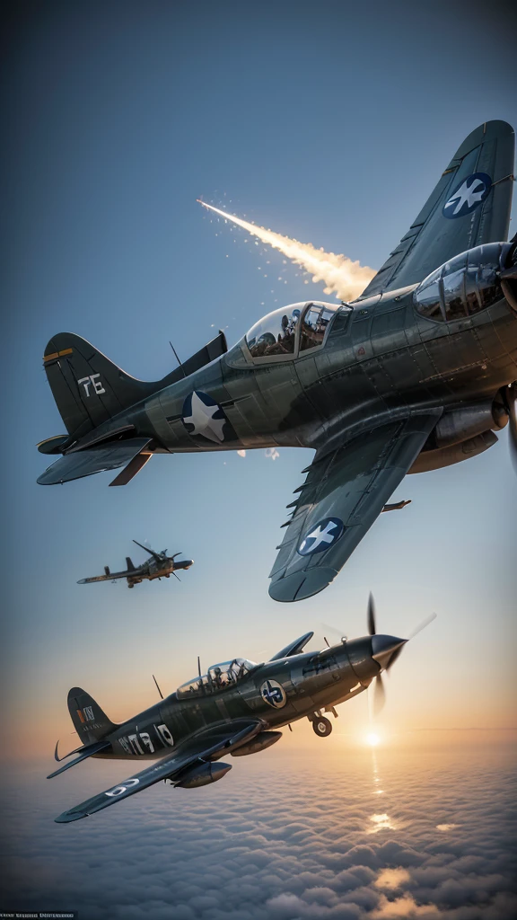 Create a real image of a WWII combat. That there is aerial combat between planes and in the background a real apocalyptic scenario. Correct the generated defects 