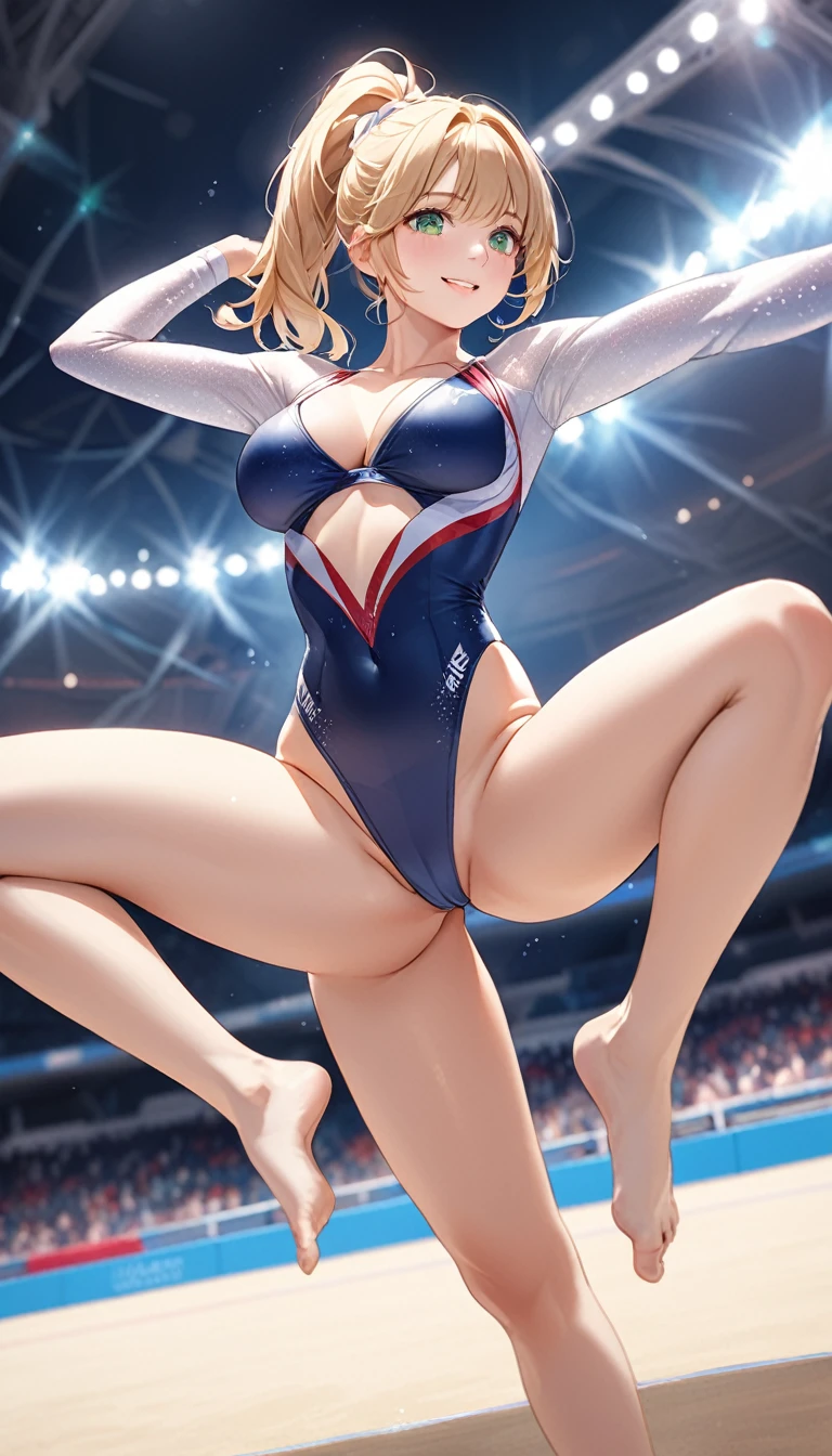 Gymnastics Y Balance, Are standing, One leg raised wide, Outstretched legs, Camel Toe, Cowboy Shot, Highest quality、Best image quality、masterpiece、One Girl、26 years old、Best Bust、Big Breasts、Beautiful Eyes、blonde, Green Eyes、untie ponytail、Long Hair、Natural smile、Female gymnast, Sparkly long sleeve leotard、High Leg、from the front、Dynamic Angle, Viewer, At the Olympic Gymnastics Arena、Arena with large crowds、Shallow depth of field、