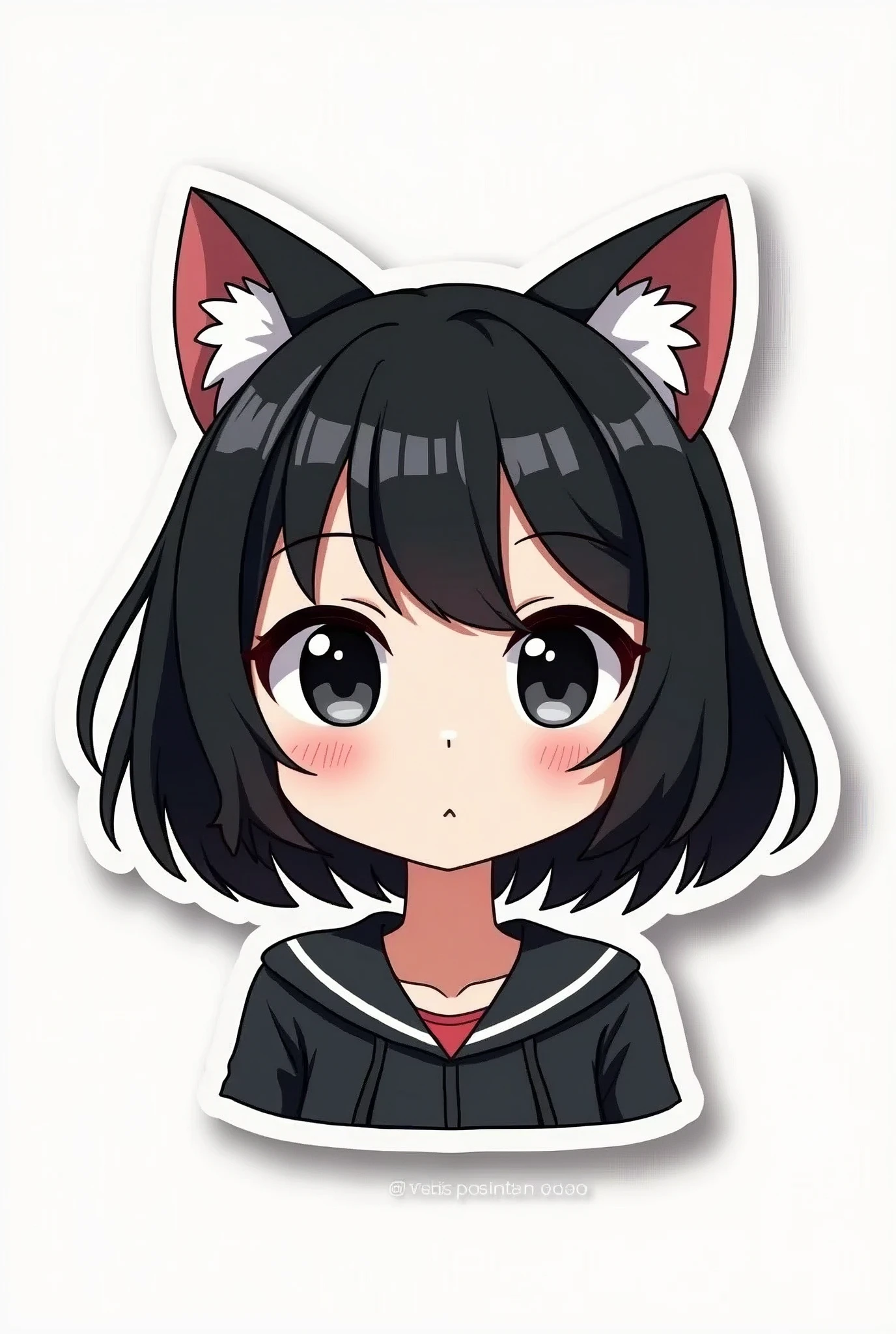 Sticker, Cute anime girl head, black hair style with white,Deep white eyes,Black cat ears, cute clothing,in circle, White background, , Simple, Ultra detailed, Detailed drawing, vectorised, Silhouette, 8K, professional sticker design, Flat design, Vector lines, Sticker, Drawing, Drawing, Full-HD