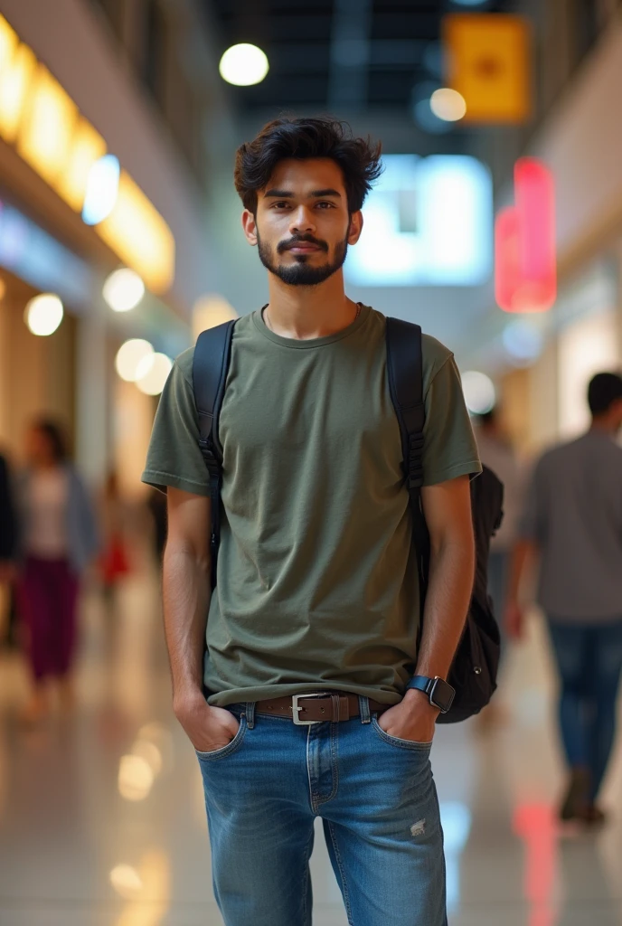 A boy age 27 south India from andhrapradesh wear jeans and t-shirt dusky skin and searching for his girlfriend in shopping mall in mumbai city.