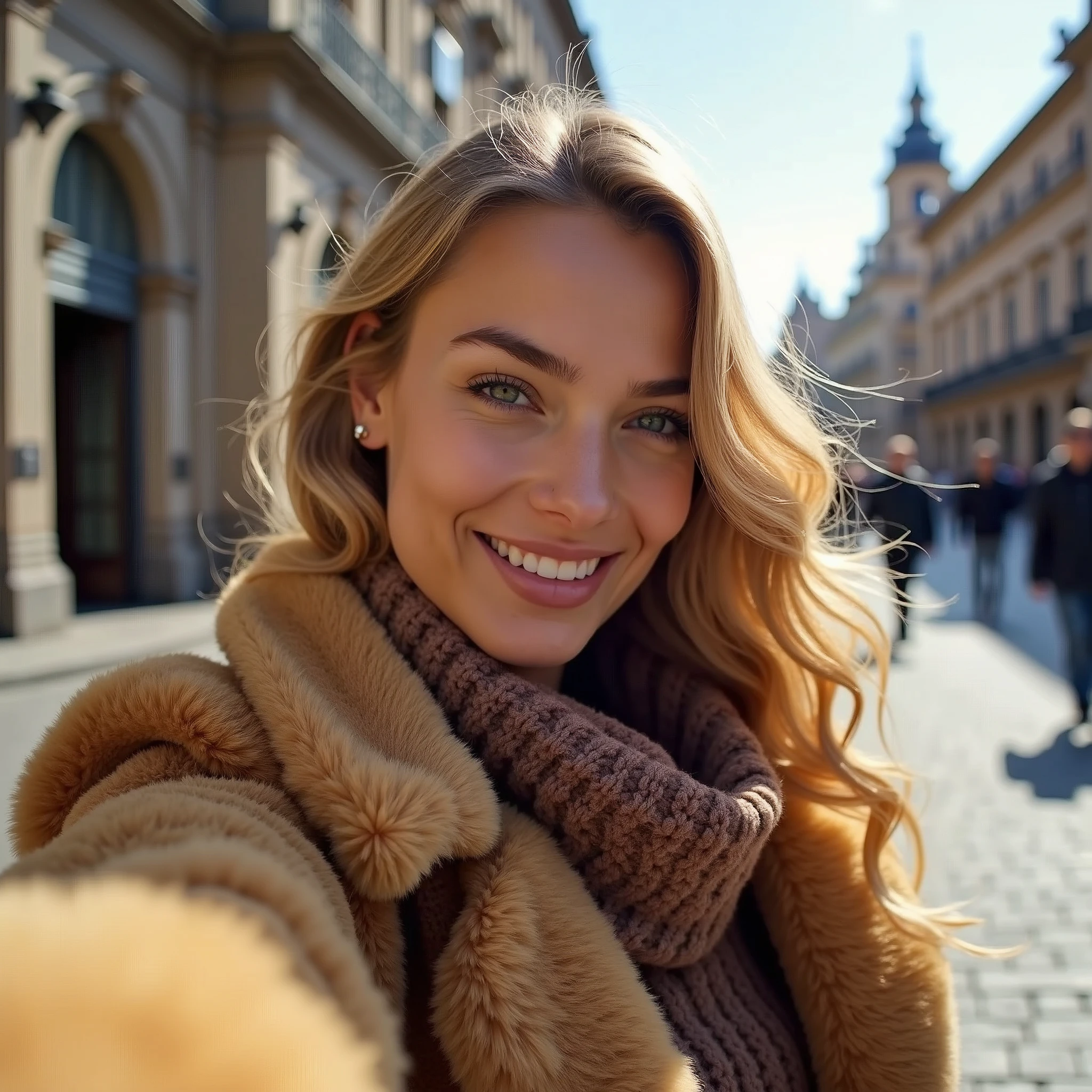 Generates a selfie of a 20-year-old Scandinavian woman, golden fur, in the zocalo of mexico city. With elegant clothes , smiling