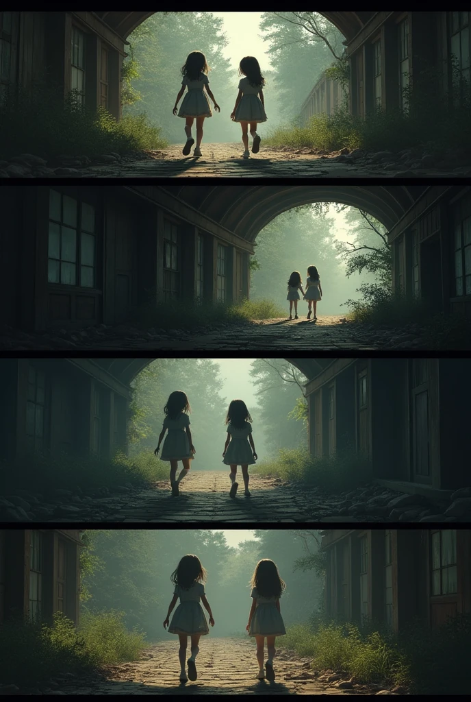 create an image of two girls in an abandoned station walking, then one of them picking up a ticket from the ground, then both of them finding a new train, them getting on the train, then the one who didn't get the ticket going into a dark corridor, and when she the one who took the ticket disappears