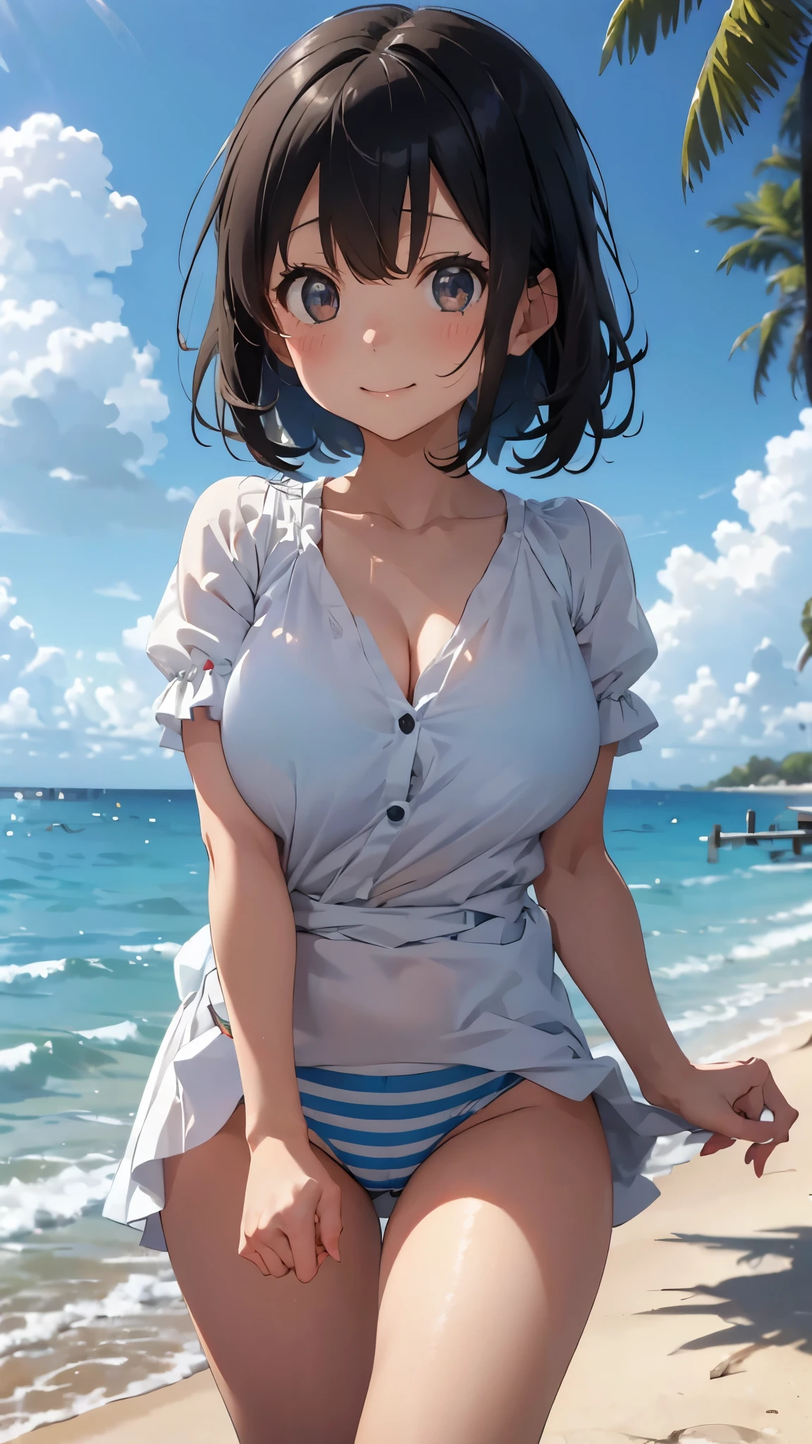 (Cute Smile、Kana Hanazawa、Girl with short black hair、Cute orange hair clip)、((A white blouse clinging tightly to a blue bra、Light blue and white striped long cart))、barefoot、barefoot、((Sandy beach, sea and blue sky))、((The face is in focus and the background is blurred、Shallow depth of field))、Realistic、Standing posture、((Big Breasts、Closer valley))