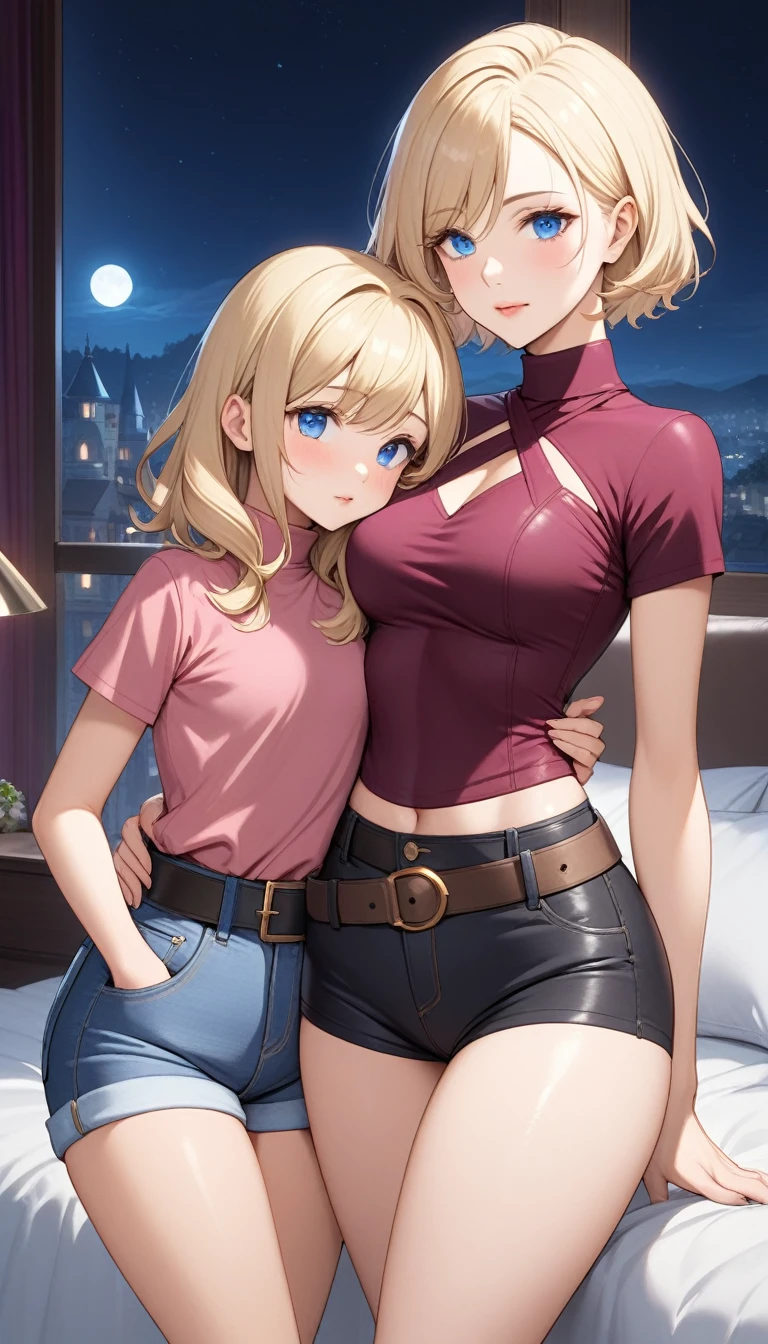 Two beautiful ladies ((lady 1: 35y old mom, with short straight blonde hair, lady 1 with blue eyes and caucasian skin, lady 1 wearing Tight Jean Shorts and Leather Belt, lady 1 Sexy Criss Cross Mock Neck Short Sleeves Bright Pink Blouse)), ((lady 2: 13y old daughter, with short straight blonde hair, lady 2 with blue eyes and caucasian skin, lady 2 wearing Tight Jean Shorts and Leather Belt, lady 2 Sexy Criss Cross Mock Neck Short Sleeves Burgundy Blouse)), luxurious jewelry, 18k gold wedding ring on left hand, standing in their bedroom at night, mother hugging and kissing her daughter from behind, (light brown lipstick), (elegant mascara), (slim body), (small breasts), (wide hips), endjourney, <lora:GoodHands-, <lora:GoodLegs-, UHD, high resolution, (expressive eyes, perfect face, full body, expressive face, perfect body, perfect pussy, athletic, fit, slim body, blushing, Perfect makeup, eyeliner, beautiful eyelashes, smiling, horny face), ((best illumination, best shadows)), ((sexy pose)), ((Front pov:1.1))

