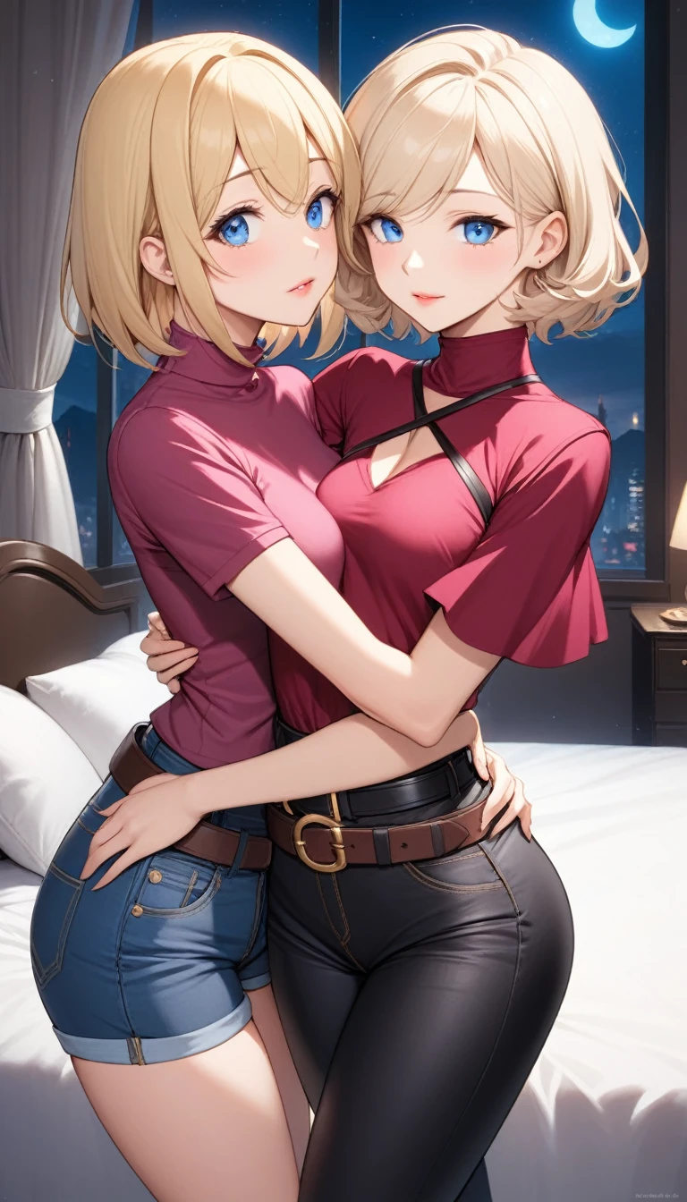 ((Two beautiful women)),((Naked Cowgirls)), ((Woman 1: 35-year-old mother, Short straight blonde hair, Woman 1 Wearing a brown gun belt)), ((Woman 2: -yeld dater, Short layered blonde hair, Woman 2 　Wearing a brown gun belt), ((watch)), night、Standing in the bedroom, Hugging and kissing, (Light brown lipstick), (Elegant mascara), (The body is slim), (Small breasts), (Wide Hips), The end of the journey, <roller:Good Hands-, <roller:Good Legs, 超High resolution, High resolution, (Expressive eyes, Perfect Face, whole body, Expressive Face, Perfect body, Perfect, Sports competition, fit, The body is slim, blush, Drunk,hiccups, Are crying, Horny Face), ((Best lighting, Best Shadow)), ((Sexy pose)), ((Front view:1.1)),(((Cowboy Shot))),(((Monotone background)))