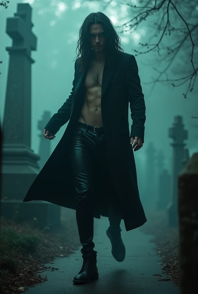 A sexy male with delicate facial features, long black hair, and teal eyes, wearing black shiny leather jeans and a black long trench coat. He is dancing in the cemetery and singing a song. He has sexy hips, a small waist, and thick thighs. (Male) (gloomy atmosphere) (eerie atmosphere) (no facial hair) (scary atmosphere) (dark and smoky) (No facial hair)