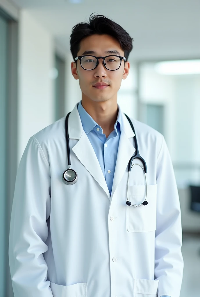 21 year old man wearing doctor white coat with stethoscope and white glass with black frame glasses