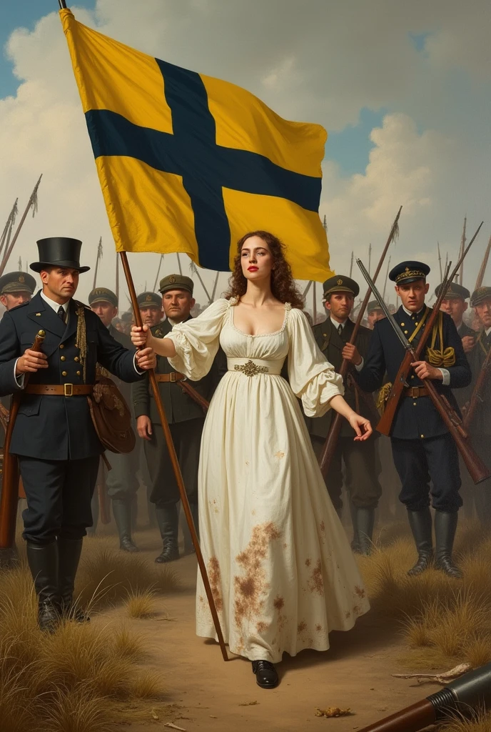 A lady in a war-stained white dress, in the 19th century, with allegories to freedom, in the style of the croix, and carry the flag in the shape of a cross, Swedish style, but with the yellow flag background and the black cross. and he appears crying celebrating freedom on the battlefield, with rifles, dead, cannons, etc. The soldiers in the back hug each other. THAT IS IN A PAINTING PAINTED IN REALISTIC STYLE