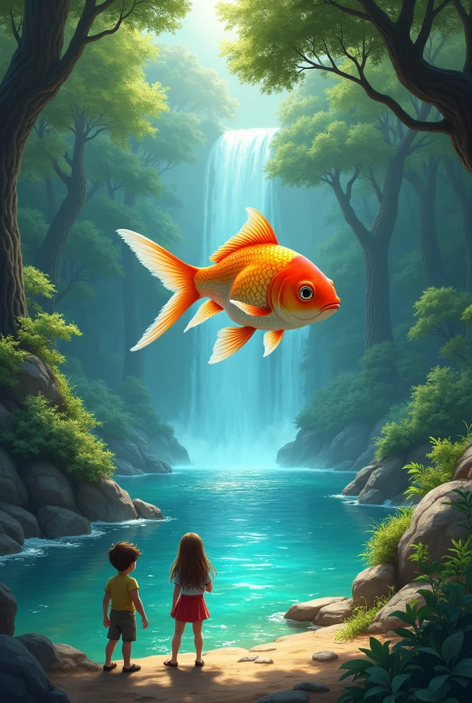Following the trail, Pedro and Laura arrived at a sparkling river, guarded by a goldfish.
The fish challenged them to a riddle to cross the river. 
With the help of the clues left by their songs, Laura managed to solve the riddle, and John led them safely across the magic river.