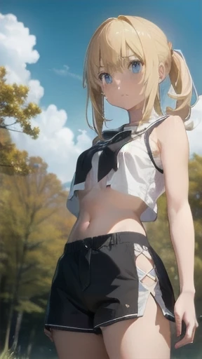 (The highest image quality, master piece:1.2), (Ultra Definition Illustration), BREAK, Saber Lily Artoria Pendragon (1 girl:1.2), BREAK, Solo, (frustrated look:1.3), Full body, Round baby face, (Blonde hair:1.2), BREAK, (sleeveless short yellow crop top, exposed midriff), (bare thighs), (daisy dukes), (bare shoulders, bare arms), BREAK, in a forest, camera shot from below