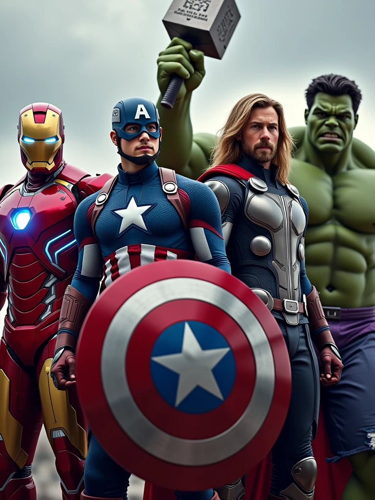 The Avengers are a group of superheroes, each with a distinct appearance. Iron Man wears a shiny red and gold armor, with a glowing Arc Reactor in the center of his chest and blue illuminated eyes on his helmet. Captain America sports a blue suit with red and white accents, carrying an indestructible circular shield marked with stripes and a white star. Thor, with his long blond hair and neatly trimmed beard, is dressed in silver armor with a red cape, holding Mjolnir, his legendary hammer engraved with runes. Hulk, towering and muscular, has rough green skin and wears torn purple pants, showcasing his raw strength. Their appearances reflect their power and unique characteristics, forming a team ready to protect the world.