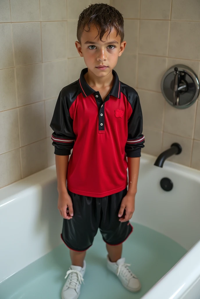 a pubescent boy getting wet/soaking in the bath with clothes on (Red and black short and long sleeve polo, sports pants and white sneakers) all soaked