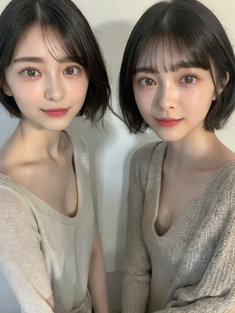 (masterpiece:1.3), (8k, Photoreal, Raw photo, best image quality: 1.4), Japanese high school girl、(random hairstyle:1.2)、cleavage:1.5、super detail face、eye for details、double eyelid、chest to chest、sharp focus:1.2、Beautiful woman:1.4、light brown hair、highest quality、masterpiece、超A high resolution、(Photoreal:1.4)、Highly detailed and professionally lit smiles、loose and light knitwear、shoulder out、thin、serious expression、short haired、deadly position
similar identical twins
All the girls have the exact same face, The two have the same face and figure, as if they were mirror images.