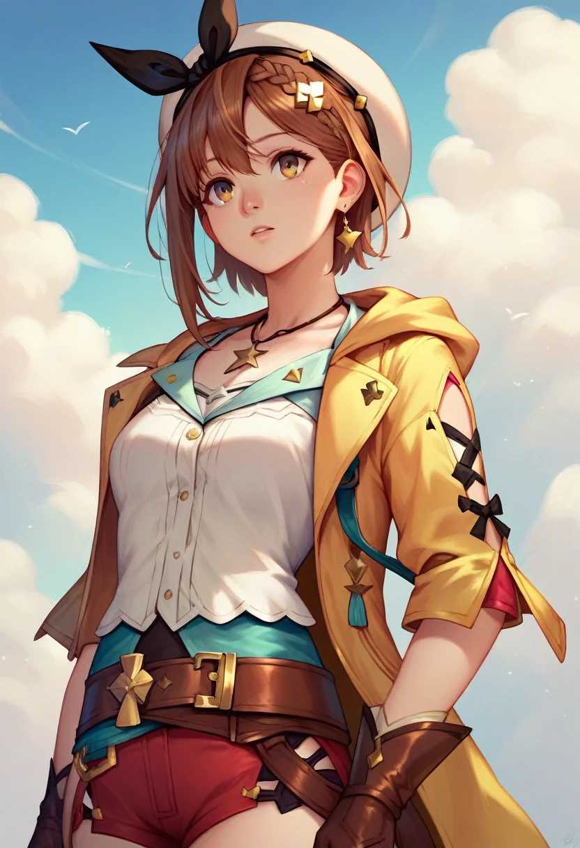 (best quality, highres,masterpiece,illustration)[[realistic]]solo,1 girl,Looking up at the sky,ryza[jewelry,belt,hat,white headwear,necklace,yellow jacket,brown glove,shirt]