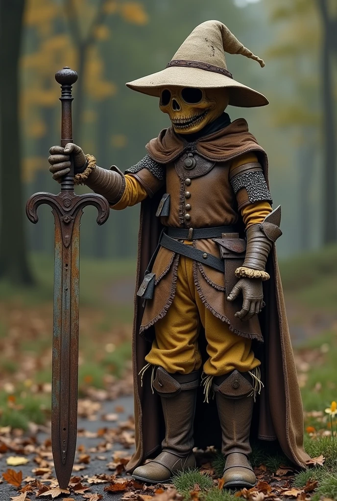 a scarecrow knight with a rusty sword