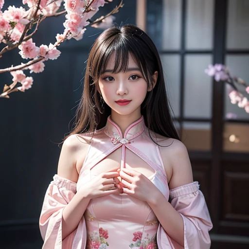 best quality, Delicate face,beautiful visual work, lifelike, eternity, black hair, Long curly hair, blunt bangs, Smile, Detailed Background, Delicate face,pink blush,cold,((masterpiece))、(top quality)、8k、high detail、Super detailed,21 years old female,Wearing Chinese cheongsam、Seductive and whimsical style、masterpiece、born、Scenes resembling fairy tale illustrations、Intricate details and complex designs、Beautifully、magic、capricious、 Beautifully、Dream aesthetics、「𝓡𝓸𝓶𝓪𝓷𝓽𝓲𝓬、ethereal、charming、fickle、magic」、Realism、Visual effects、FXAA、SSAO、Shaders、voiceless、ambient lighting、Tone mapping、High resolution、Ultra high quality、Million pixels、(8K resolution:1.10)、8k、Below 8K、8K resolution、high detail、intricate details, (high quality:1.2、masterpiece:1.2、:1.21)、(21 years old female:1.21)、(Smile excitedly)、(Surrounded by the dreamy atmosphere、Model diagram,full-body shot,Normal 2 feet,Don't show your fingers