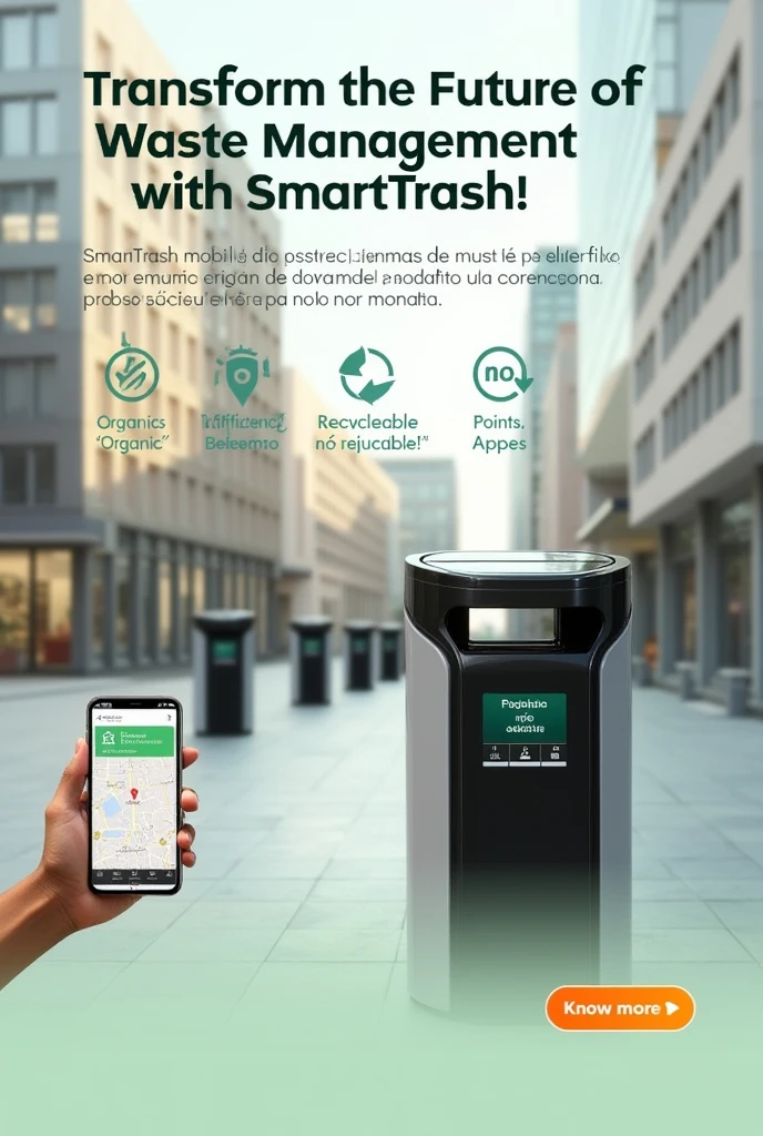 In Portuguese:
The image shows a modern urban scene with a focus on a SmartTrash smart trash can.. The trash can is sleek and futuristic, with a minimalist design and a visible solar panel on top. In the trash can display, there is a digital interface that shows the filling level and the categories of waste detected (Organic, recyclable, não recyclable).
No fundo, the city is clean and organized, with other smart bins visible in the distance, highlighting system integration. To the left of the image, the SmartTrash mobile app is on a smartphone, displaying a map with nearby trash cans and a notification of "Points earned for recycling!".
No canto superior direito, o slogan “*Transform the Future of Waste Management with SmartTrash!” is in big, bold letters. Below the slogan, the text “Efficiency | Recycling | sustainability*” is highlighted in a smaller font, with icons representing each benefit.
The background is clear and clean, with a soft green tone that reinforces the idea of sustainability and innovation. In the bottom right corner, there is a flashy button with the text “*Know more*”, which directs to the product website.