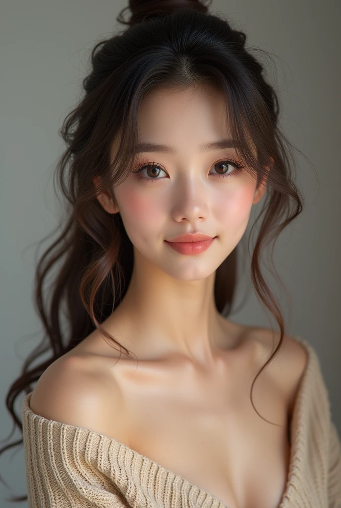 1 girl, asian, 18 years old, beautiful detailed eyes, beautiful detailed lips, extremely detailed face, longeyelashes, smiling, short sweater, cleavage, photorealistic, 8k, high quality, realistic, masterpiece:1.2, ultra-detailed, vivid colors, studio lighting, elegant, beautiful, charming, cute