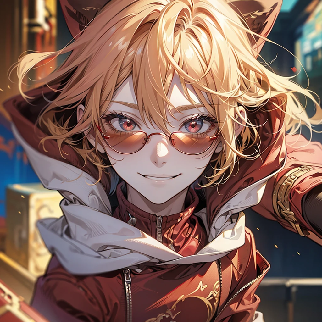 Male, handsome, cool, red sunglasses, hoodie, blonde, facing forward, smiling, refreshing, red eyes