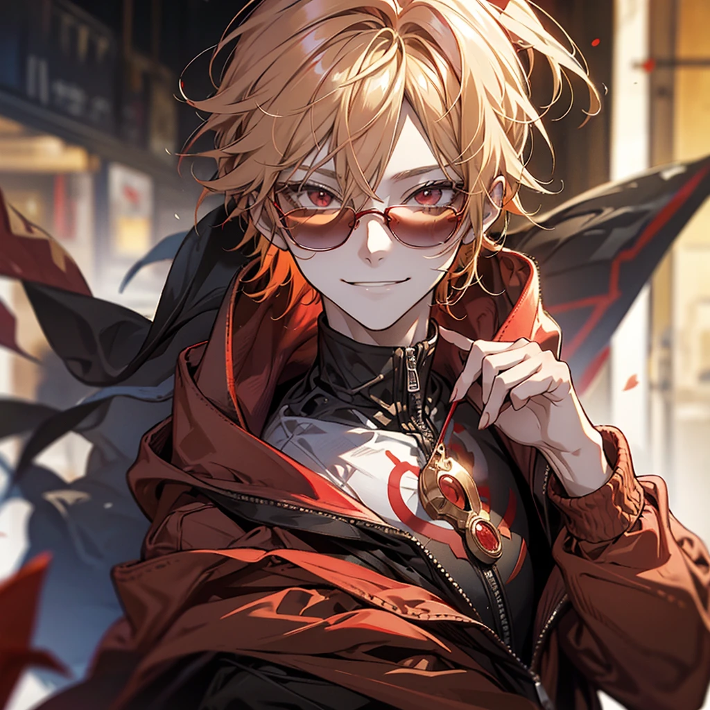 Male, handsome, cool, red sunglasses, hoodie, blonde, facing forward, smiling, refreshing, red eyes