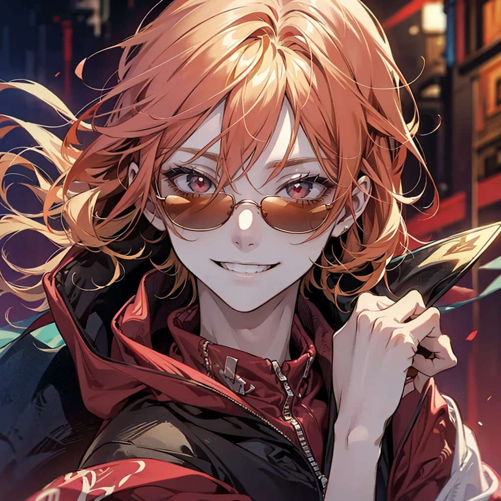 Male, handsome, cool, red sunglasses, hoodie, blonde, facing forward, smiling, refreshing, red eyes