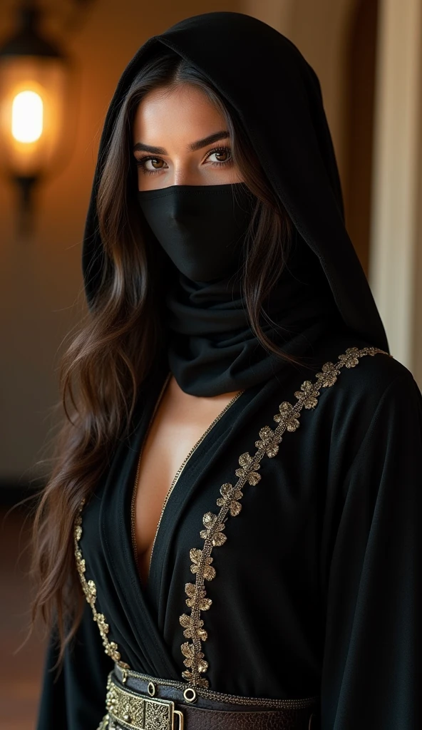A dark-haired、Medieval Arabian costume、exotic、Female, 26 years old、Strong-minded face、Beautie、Slender with big breasts、The mouth is hidden by a black veil、Have a tan、Sexy look、Strong men around、bar