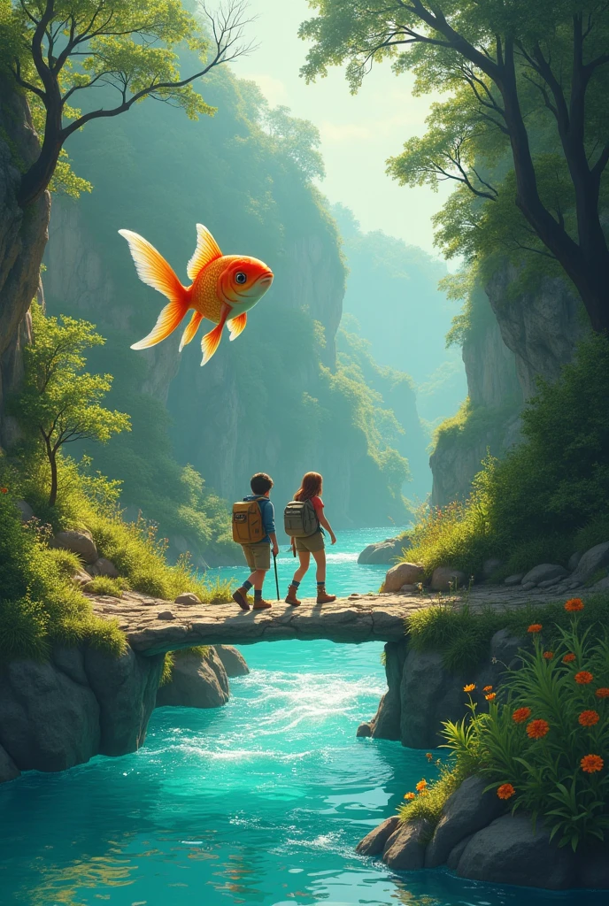 Following the trail, Pedro and Laura arrived at a sparkling river, guarded by a goldfish.
The fish challenged them to a riddle to cross the river. 
With the help of the clues left by their songs, Laura managed to solve the riddle, and John led them safely across the magic river.