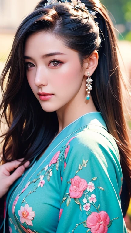 Best picture quality, high resolution, 16k, realistic, sharp focus, extreme picture quality, detailed face + eyes, casual pose, elegant, casual facial expression, realistic image of an elegant lady, no hair accessories, dark eyes , fractal art, bright colors, Korean beauty supermodel, pure black hair mixed with colorful hair tails, wearing Hanfu, wearing sandals, radiant, perfectly customized gorgeous floral embroidery pattern suit, custom design, 1 girl, tense , looking at the audience, ,floral, light smile, print,1girl,gongbiv,CLOUD,perfect,Chromaspots