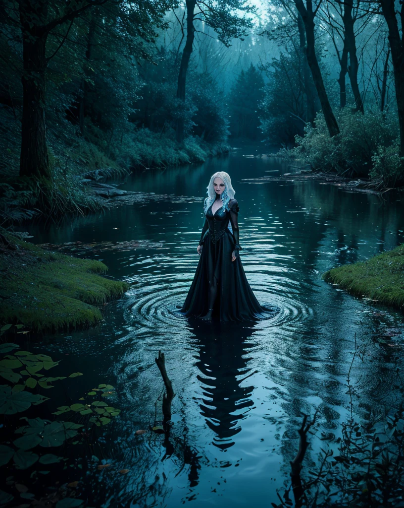 Full body image, beautiful pale wet witch in water in the dark woods in the lake, horror, scary, (HDR, 8K, vivid, vibrant, detailed: 1.4), (hyper realistic, movie graphics)