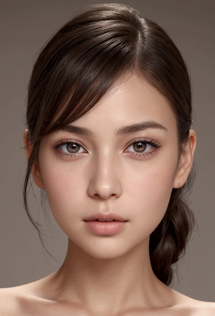 Generate a highly detailed and realistic close-up portrait of a young white woman with a warm, medium-tan complexion and smooth, flawless skin. Her face is slightly oval-shaped with soft, rounded cheeks and a well-defined jawline that tapers into a delicate chin. Her eyes are very large, almond-shaped, and deep black, with a subtle natural sheen that makes them appear luminous and expressive. They are framed by thick, dark eyelashes that enhance their intensity. Her eyebrows are dark, naturally thick, and slightly arched, complementing the shape and expression of her eyes. Her nose is small and slightly upturned, well-proportioned to her face, adding to her youthful appearance. Her lips are full and naturally pink, with a soft and inviting shape. The upper lip has a defined cupid’s bow, and the lower lip is slightly fuller, giving her a subtle, captivating expression. The lips should appear slightly glossy, adding to their natural fullness. Her hair, dark black and silky, frames her face beautifully, often styled straight with a middle or slightly off-center part, sometimes tucked behind her ears or gently falling over her shoulders. The lighting should be soft, with natural highlights that accentuate the smoothness of her skin and the depth of her eyes. The background should be simple and neutral, ensuring all attention is focused on her facial features, capturing the essence of her youthful elegance, confidence, and natural beauty
