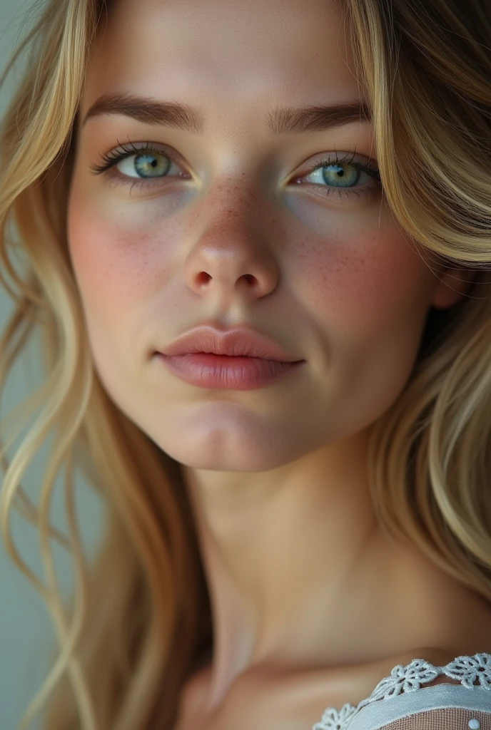 Head of a 20 year old woman, BLONDE with green eyes,quite fine nose and pretty mouth, no dimples and exceptionally realistic woman