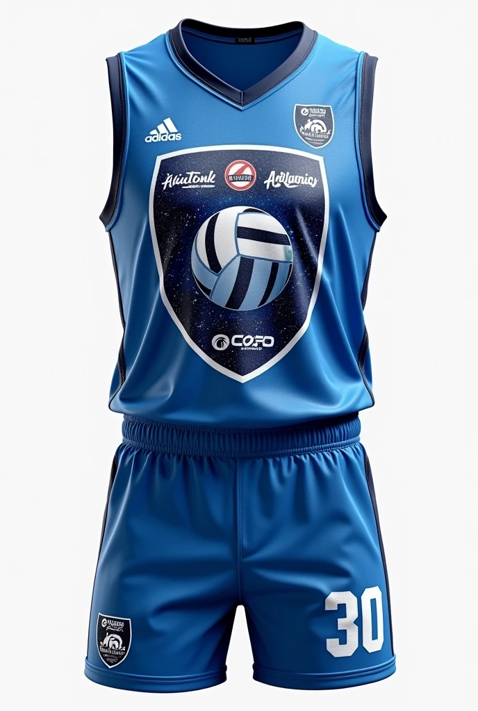 A sleeveless volleyball shirt showing front and back, number on the chest ,a shield with a ball of galactic writing in the middle and ponsors with black colors, blue and white and showing the shorts