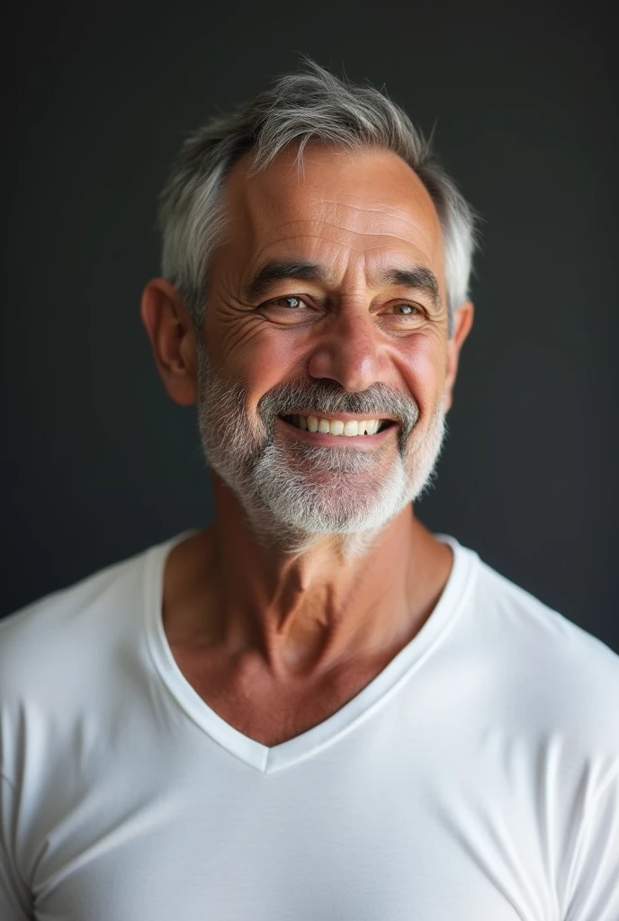 (Fotogroffia: 1.3) off (realidaoff: 1.4), (((white undershirt))), (homem off cabelo grisalho), super high resolution, (realidaoff: 1.4), aged 50, male avatar luz suave , shorth hair, Facial Focus, happy, Youngh, confident, ((fundo cinza)), (((monochrome background))), alta offfinição, detaileds, looking slightly upward, picture-perfect, qualidaoff do filme, ultra-alta offfinição, male avatar, Handsome man, old and handsome, elegant and luxurious