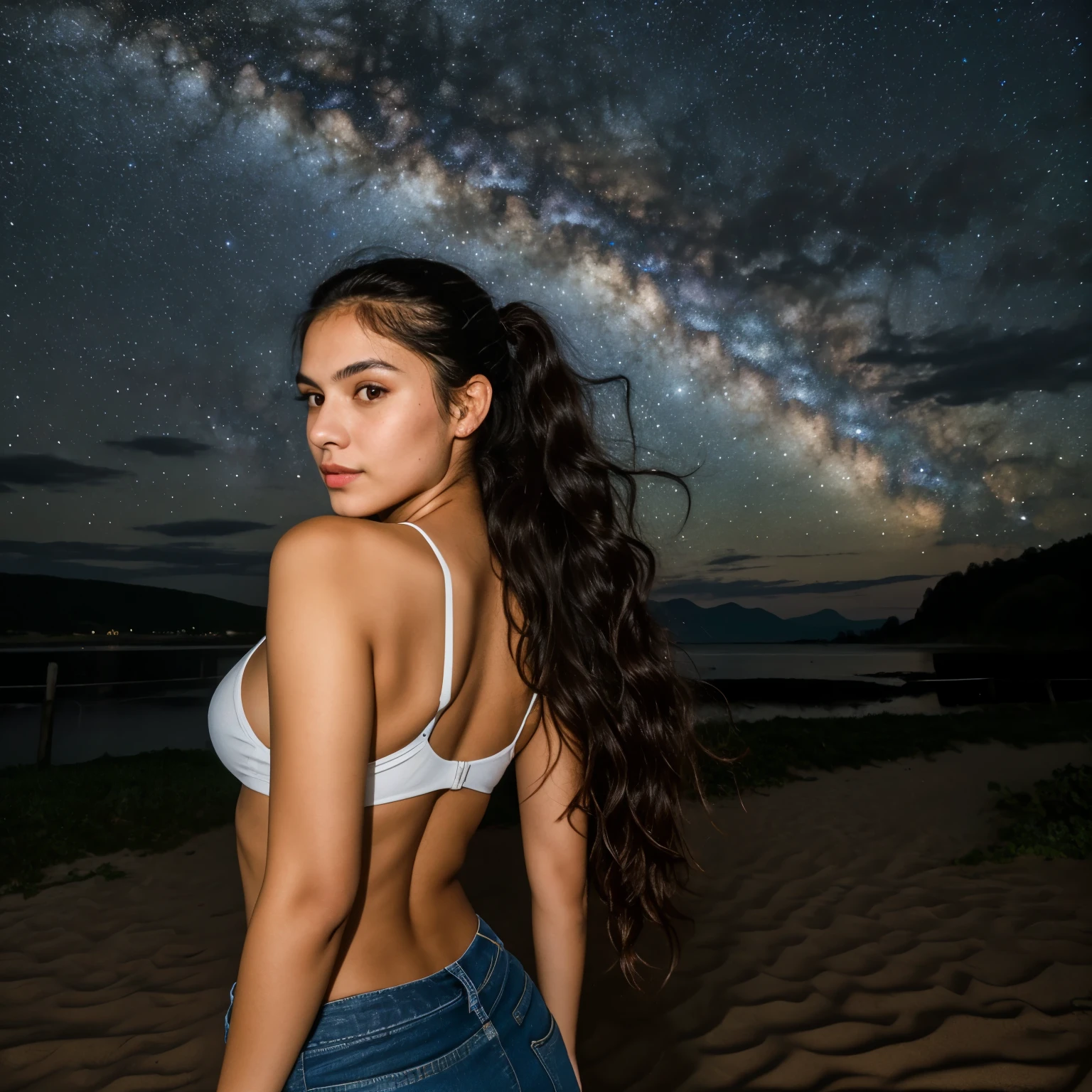 ((best quality)), ((masterpiece)), (detailed), 1girl, young latina woman, dark, wavy hair, caught in a ponytail, round face, slender body type, posing under the night sky, with the milky way in the background, natural light, perfect face, perfect hands, five fingers