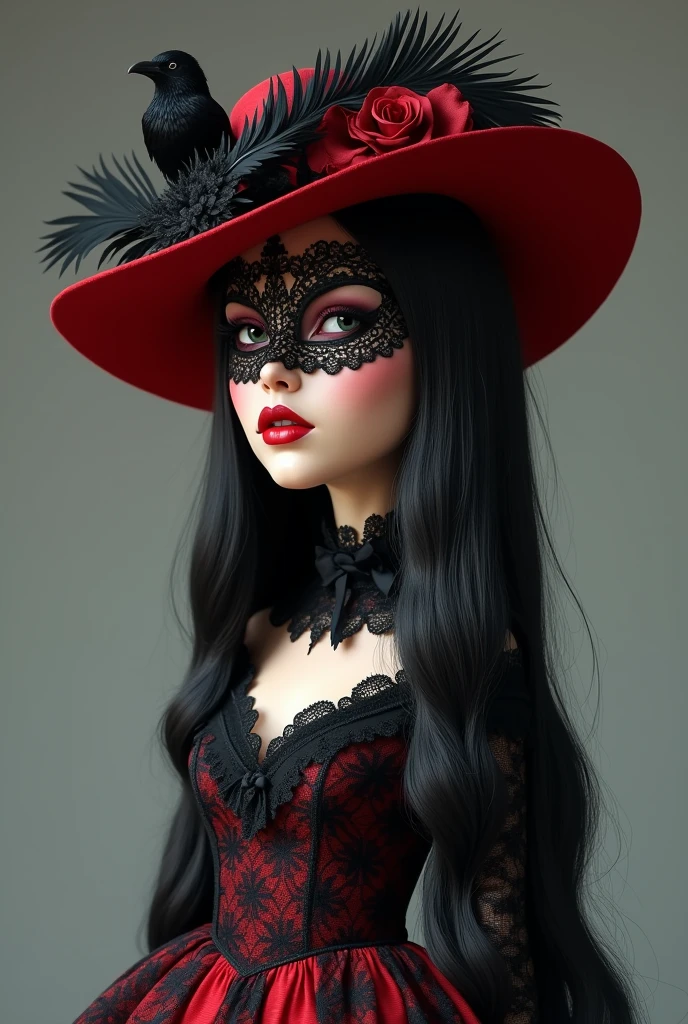 **4d caricature with a big head, a beautiful realistic woman, long black hair, wearing a red hat, wearing black boots on her feet, with a black crow on it, a black ribbon & a big black feather, she is wearing a black & red lacy half mask with intricate patterns, she has bright red matte lips, black & red lace dress with high lace collar, full body, calm gray background**