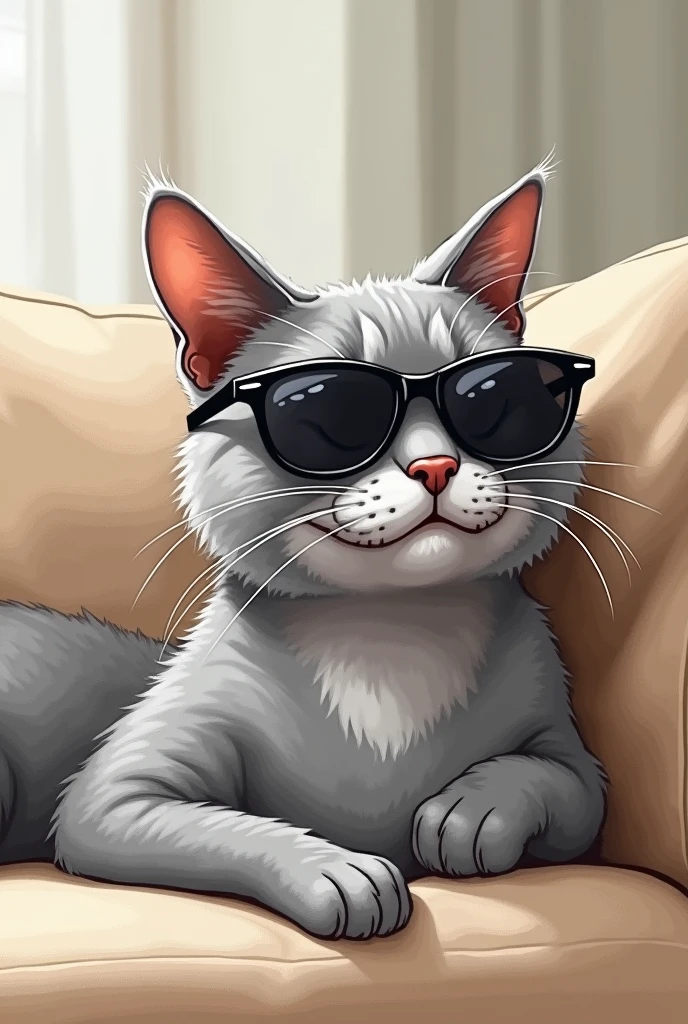 Sketch of a gray cat wearing sunglasses on the sofa with a mocking face