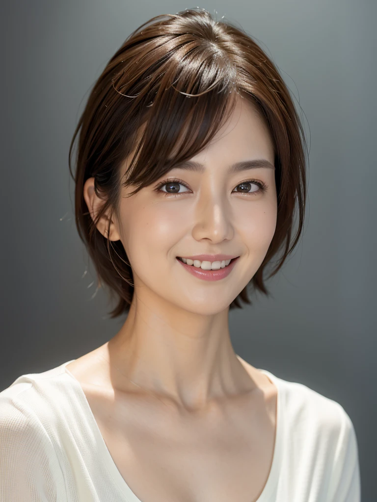 best quality, realistic, very detailed, high resolution, plain background, 8K wallpapers, one beautiful woman, Short hair, V-neck shirt, sharp focus, Complete and dynamic composition, beautiful eyes, delicate hair, laugh, close-up portrait, model body type, View viewers