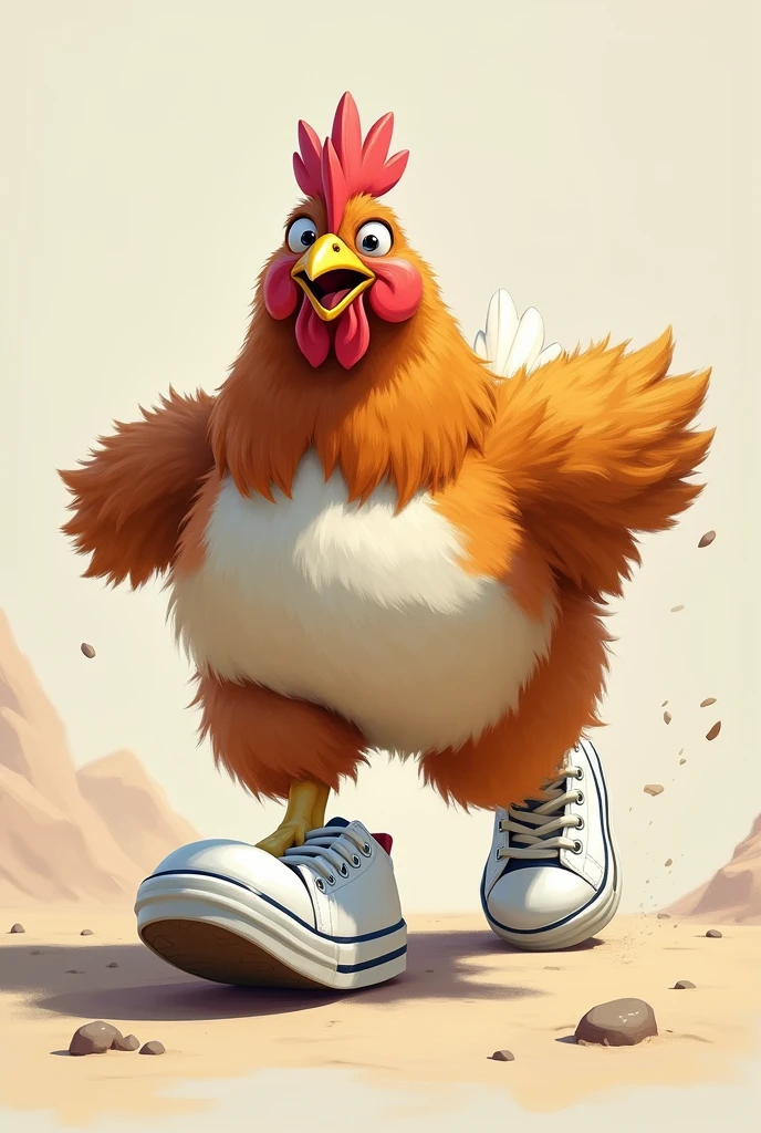 A fat chicken running with white animated tennis shoes 
