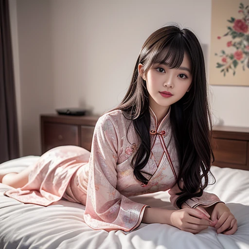 best quality, Delicate face，beautiful visual work, lifelike,  eternity, black hair, Long curly hair, blunt bangs, Smile, Detailed Background,  Delicate face，pink blush，cold，((masterpiece))、(top quality)、8k、high detail、Super detailed，21 years old female，Wearing Chinese cheongsam、Seductive and whimsical style、masterpiece、born、Scenes resembling fairy tale illustrations、Intricate details and complex designs、Beautifully、magic、capricious、 Beautifully、Dream aesthetics、「𝓡𝓸𝓶𝓪𝓷𝓽𝓲𝓬、ethereal、charming、fickle、magic」、Realism、Visual effects、FXAA、SSAO、Shaders、voiceless、ambient lighting、Tone mapping、High resolution、Ultra high quality、Million pixels、(8K resolution:1.10)、8k、Below 8K、8K resolution、high detail、intricate details， (high quality:1.2、masterpiece:1.2、:1.21)、(21 years old female:1.21)、(Smile excitedly)、(Surrounded by the dreamy atmosphere、Model diagram，full-body shot，Normal 2 feet，Don't show your fingers