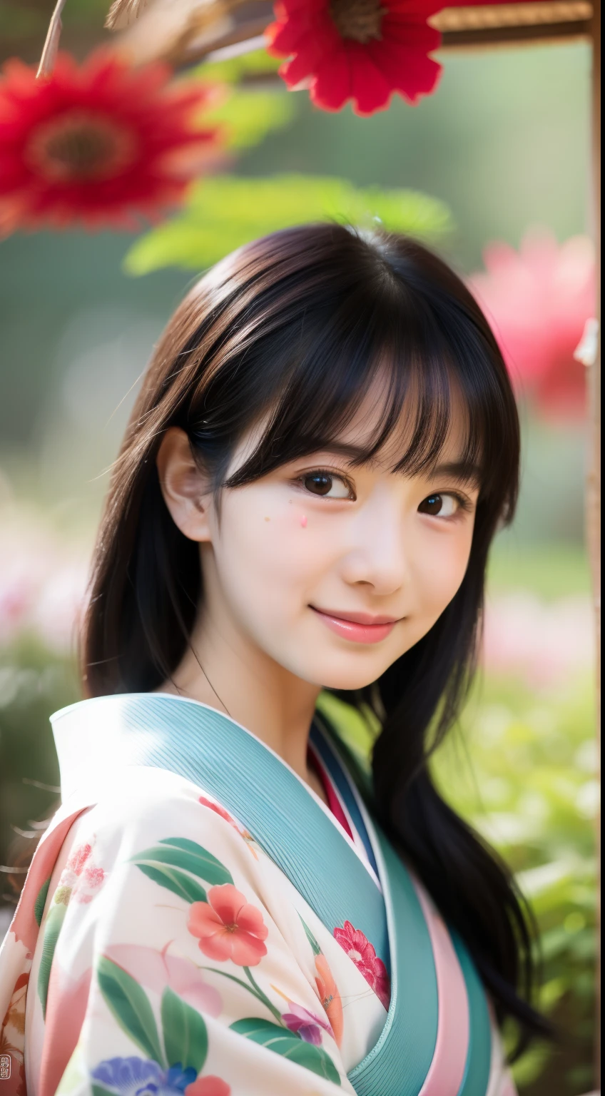 With open arms, Cute crying face, Laughs and Tears, 最high quality、high quality、Best image quality、8k、最High resolution、High resolution、temple, Realistic photos, Healthy body, Beautiful Eyes, Flowing black hair, Colorful kimono, Calm expression, Soft lighting, Traditional Japanese art style, Vibrant colors, Peaceful atmosphere, Delicate features, Graceful posture, Beautiful Landscape
