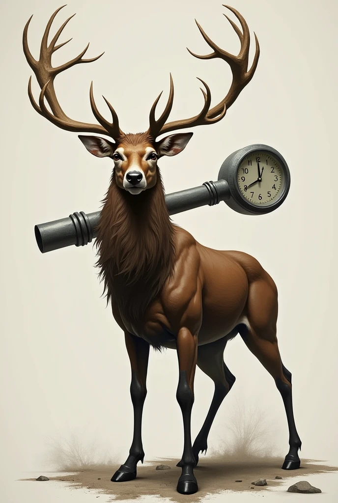A strong deer holding a steel pipe and pointing at a clock with the other hand