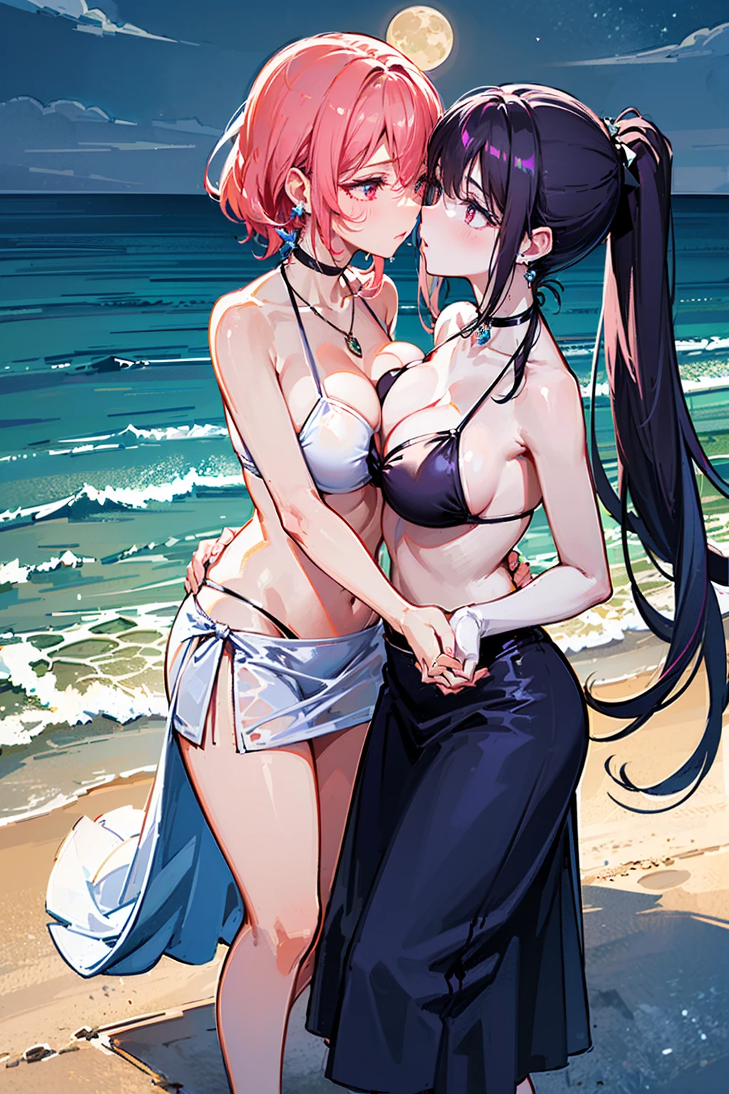 (high detail, high quality, best picture quality, masterpiece) from above at a long distance in a rule of thirds composition Two cute Girls ((Night sea)) ((dark scenery)) ((moon)) moonlit sea (Backlight) ((The girl on the right is short and has a medium bust/Blue eyes/brown ponytail)) ((The girl on the left is tall and has a large bust/Red eyes/purple hair/Princess Cut, long hair)) (Facing each other and holding hands) (Place your other hand around the other persons waist) (White or floral bikini) shiny glossy iridescent clothes shiny glossy latex gradient iridescent bikini shiny reflective bikini (((Close Face))) ((Face to Face)) ((Kissing Soon)) Gazing at each other On the brink of kissing Embarrassed expression Blushing Half-Closed Eyes Wet body (Choker or pendant) (Earrings or pierced earrings) Alternating Breast Size Bouncing Breasts Dangling Breasts bad fingers bad hands missing fingers