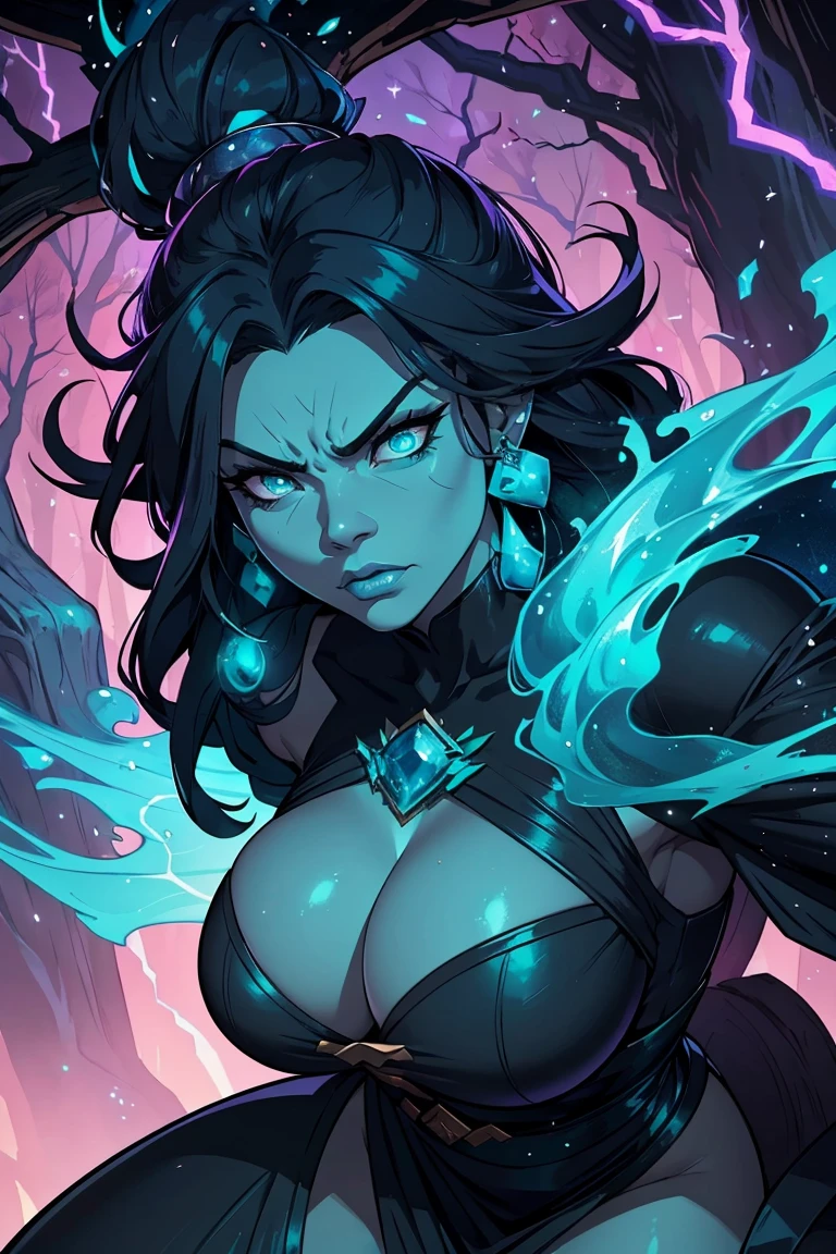 Maokai if he were a woman in life, tree, dark islands, mist, beautiful garment, wooden ornament, blue aura, nature spirit, consumed by anger, embodies vengeance, wicked, angry face, sparkling turquoise eyes, black outfit with turquoise sparkles.