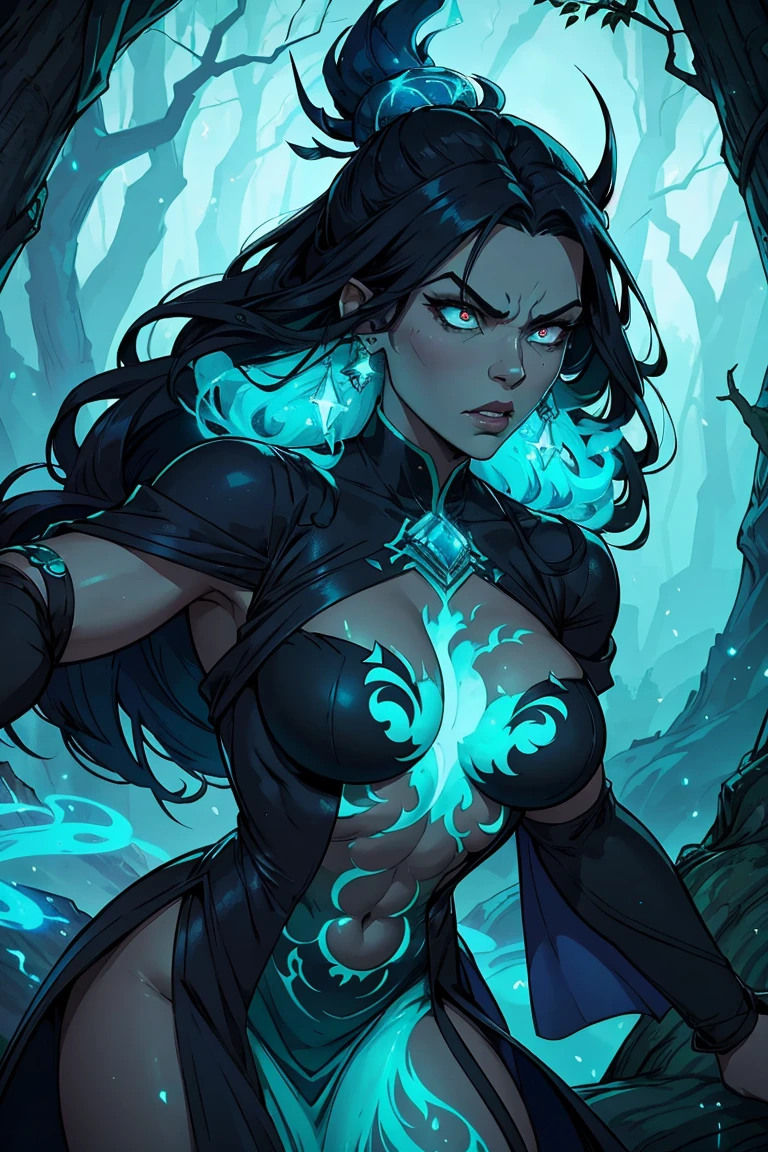 Maokai if he was a woman, maokai is a treant, Treant, dark islands, Haze, Clothing with wood, blue aura around her, spirit of nature, consumed by anger, Embodies revenge