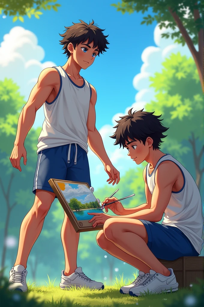 Male twins, with dark curly hair and blue eyes, one doing sports and the other doing art