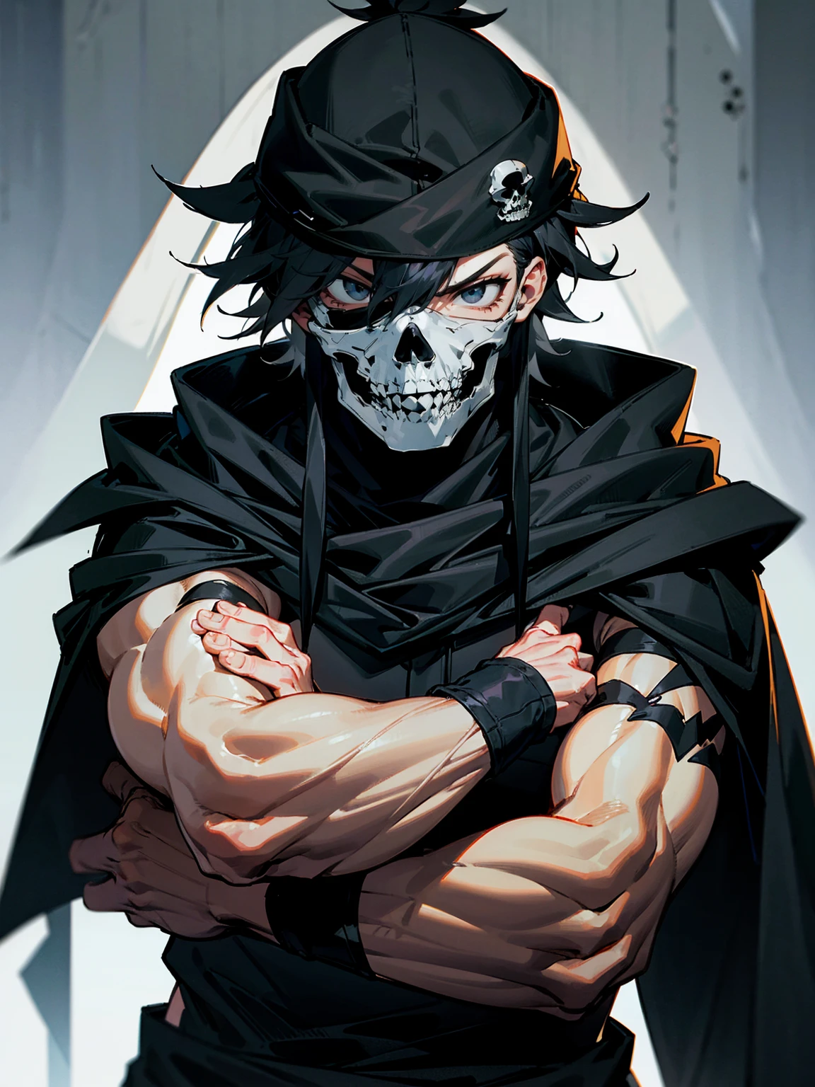 1male, adult, messy hair, black hair, beanie, hood over head, black eyes, skull mask, eye piercing, lazy expression, serious expression, cape,  black military outfit, black sweatpants, muscular build, arms folded