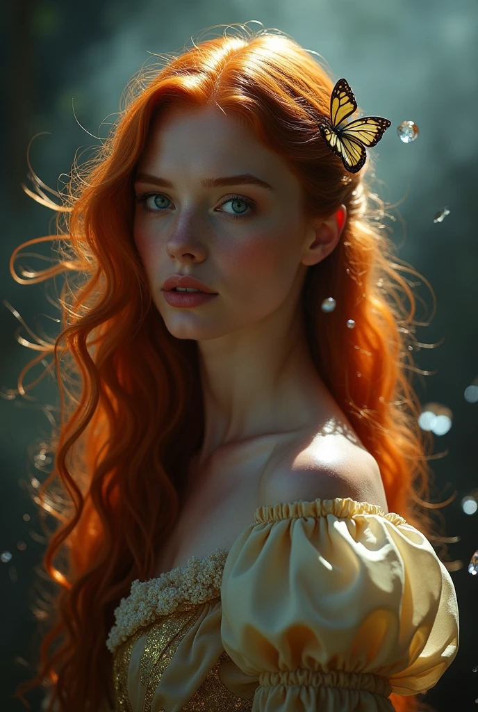 (solo, full body photo:1.3), (action packed:1.3), (haze, fog, mist:1.3), chiaroscuro, best quality, photorealistic, 1woman, (cute), (24yo:1.2), redhead, long ginger hair highly detailed, 1700'S, digital photography, art by artgerm and ruan jia and greg rutkowski surreal painting gold butterfly filigree, broken glass, (masterpiece, sidelighting, finely detailed Fashionable eyes: 1.2) (perfect oval large eyes that gazes at the viewer), beautiful detailed face, blue gorgeous perfect eyes, (blonde hair ponytail), (attractive young woman:1.3), (thick amazing hair), (seductive:1.1), (blushing:1.1)