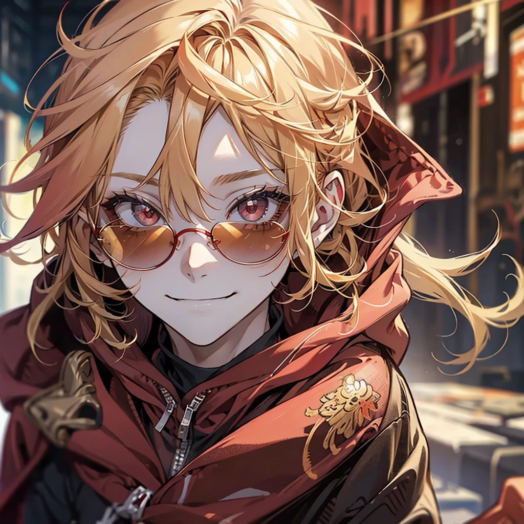 Male, handsome, cool, red sunglasses, hoodie, blonde, facing forward, smiling, refreshing, red eyes